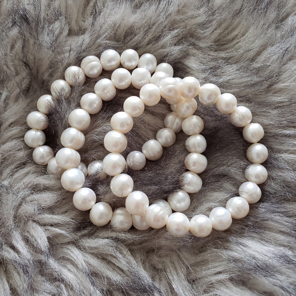 White Cultured Freshwater Pearl 10-11mm Stretch Bracelet Set of 3